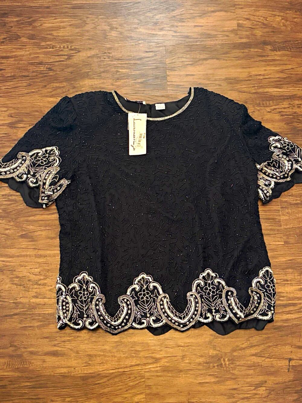 Lawrence Kazar Women’s Black Beaded Silk Lined Blouse 1X Plus Vintage NWT